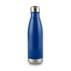 A drink bottle in a vibrant blue colour with a stainless steel base and a silver screw top. Features a logo.
