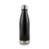 A drink bottle in a sleek black design with a stainless steel bottom and a metallic cap. It has a logo.