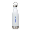 A drink bottle in white with a stainless steel bottom and a hanger lid, featuring a logo.