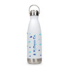 A drink bottle with a white body, stainless steel base, and a silver hanger lid, featuring a logo and blue water droplet designs.