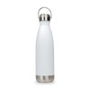 A drink bottle in white with a stainless steel base and a hanger lid, featuring a logo.