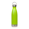 A drink bottle in vibrant green with a stainless steel base and a hanger lid. Features a logo on the body.