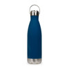 A drink bottle in a deep blue finish with a stainless steel hanger lid. It has a sleek, slender design.