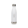 A drink bottle in white with a stainless steel base, featuring a logo and a sleek design.
