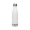 A drink bottle in a sleek white finish with a stainless steel base and lid, featuring a logo.