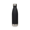 A drink bottle with a matte black finish and a stainless steel base, featuring a logo on the side.