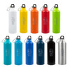 A drink bottle collection in various colors: white, yellow, orange, red, green, blue, black, and silver, featuring a logo.