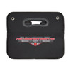 A black cargo storage organiser with handles and a logo, featuring a rectangular design and secure closure.