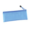 A blue pencil case with a textured design and a zip closure, featuring a matching cord.