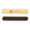 A bamboo nail file featuring a dark sanding surface and a logo. The design is sleek and minimalist.