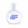 A clear hand sanitiser bottle with a circular shape and a flip-top lid, featuring a logo on the front.