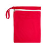 A red wet bag with a white zipper and a side handle.