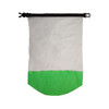 A waterproof bag featuring a white upper section and a vibrant green lower section, secured with a black closure.
