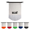 A waterproof bag in white with a black logo, featuring various coloured bottoms including orange, red, green, and blue.