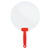 A round fan with a white blade and a red handle, featuring a sleek design and a loop for hanging.
