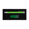 A green pen and a black USB flash drive are presented in a dark velvet box, featuring a branded logo.