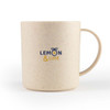 A cream-coloured mug with a handle featuring a logo in blue and yellow.