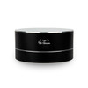 A black espresso coffee cup with a glossy finish and a silver band, featuring a logo.