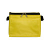 A yellow zippered bag with a black strap, featuring a front pocket and a smooth, durable fabric.