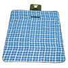 A blue and white checked picnic blanket with a dark green trim and a small attached pouch.