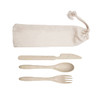 A calico pouch containing a knife, spoon, and fork, all in a natural, eco-friendly colour.