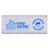 A transparent ruler featuring a blue logo, marked in centimetres and inches, with a whimsical design element.
