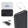 A wireless power bank in black, with a white top panel featuring a logo, accompanied by a charging cable.