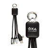 A black charging cable set with multiple connectors, featuring a keyring attachment and a logo.