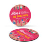 A circular fridge magnet featuring colourful nail art designs, with a branding logo and contact details on a pink background.