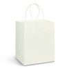 A medium-sized white paper carry bag with sturdy handles and a plain design. It features a logo.