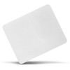 A rectangular white mouse mat with rounded edges and a smooth surface, featuring a logo on one side.