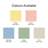 A colour palette featuring five shades: yellow, peach, pale blue, sage, and ecru, with associated PMS numbers.