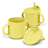 A drink bottle in bright yellow, featuring a straw and handles, designed for children. It includes a lid and has a logo.