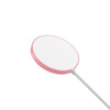 A pink and white wireless charger with a circular design and a cable. It has a branding logo on the surface.