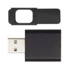 A black USB security device with a removable cover for webcam privacy.