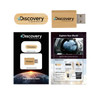 A bamboo USB drive and webcam cover set, featuring a logo, on a promotional card with an outer space theme.