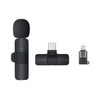 A black wireless microphone set, including a microphone, USB-C receiver, and Lightning receiver, all neatly arranged.