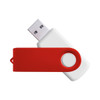 A red and white USB flash drive with a swivel design and a push-button mechanism.