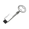 A silver skeleton key shaped flash drive with a glossy finish and a black tip. It features a logo.