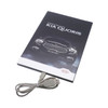 A promotional brochure for the Kia Quoris with a USB cable included. The cover features a dark design with a car image.