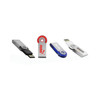 A collection of four swivel USB flash drives in grey, silver, red, blue, and white colours, each featuring a logo.