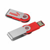 A red and silver flash drive with a rotating cap and a logo. It features a sleek, modern design.