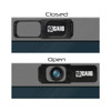 A webcam cover slide in black, shown in both closed and open positions, featuring a logo.