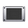 A laptop stand in silver and black with a sleek design, featuring a textured base and rounded corners.