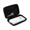 A white power bank in a zippered black case, accompanied by a charging cable. The power bank has a logo.