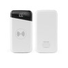 A white Marlow wireless power bank with a digital display and a logo, featuring wireless charging capability.