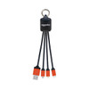 A charging cable with a keychain attachment, featuring four connectors in black and orange. It includes a USB and various device interfaces.