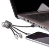 A charging cable with multiple connectors, featuring a black design and a keyring attachment, plugged into a laptop.