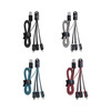 A set of four multi-charge flat charging cables in black, blue, and red, featuring various connector types and cable ties.