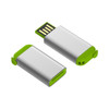 A silver and green flash drive with a retractable USB connector and a branded logo on the side.